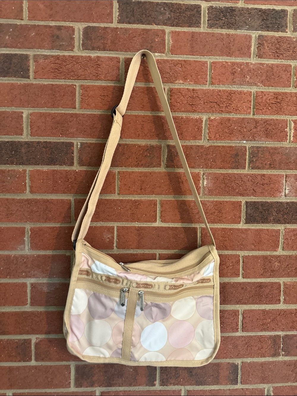 LeSportsac Pink and Beige Polka Dot Deluxe Crossbody Bag